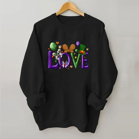 BLTIBY Mardi Gras Sweatshirts for Women Carnival Print Crew Neck Long Sleeve Loose Soft Comfy Fashion Pullover Tops 2025 Black S