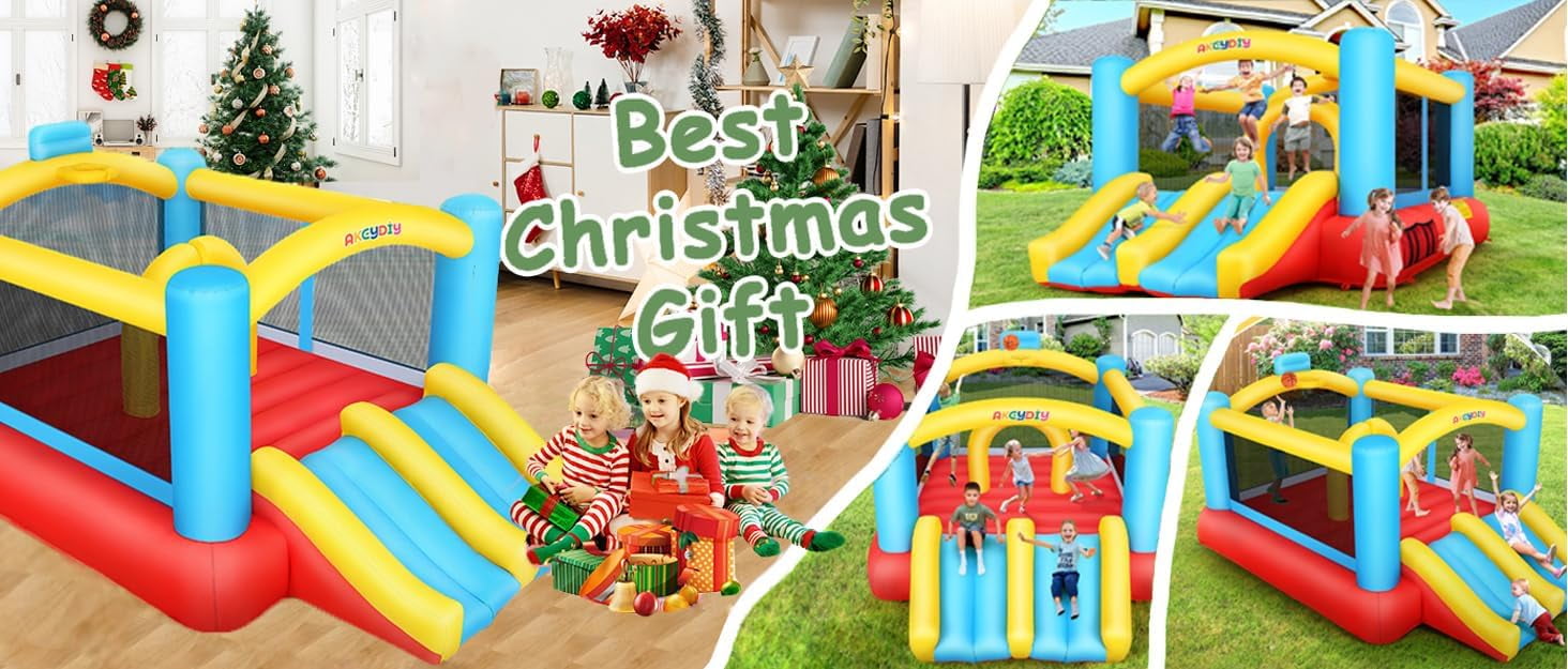 Adnoom Inflatable Bounce House, Children's Indoor/Outdoor Jumping Castle with 470W Blower, Compact Inflatable Bounce Castle with Double Slide, Basketball Hoop for Kids 3-10 Years