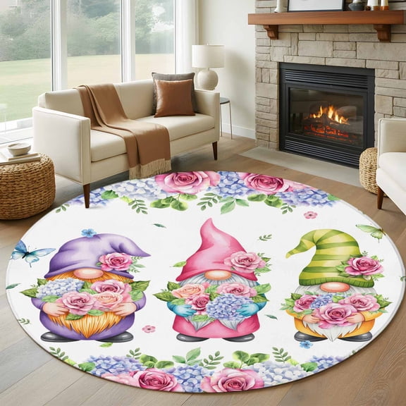 Spring Gnomes Round Area Rug 6Ft Washable Circle Rugs for Bathroom Office, Botanical Rose Flower Leaves Butterfly Non-Slip Carpet Floor Mats Indoor Outdoor Carpet Runner Aesthetic Home Decor