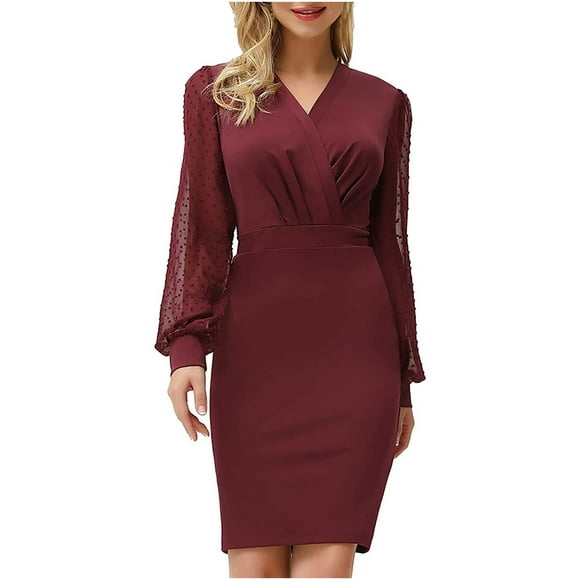 Women's Pencil Work Dresses Long Sleeve V Neck Slim Fitted Business Dress Elegant Cocktail Evening Prom Gown for Women