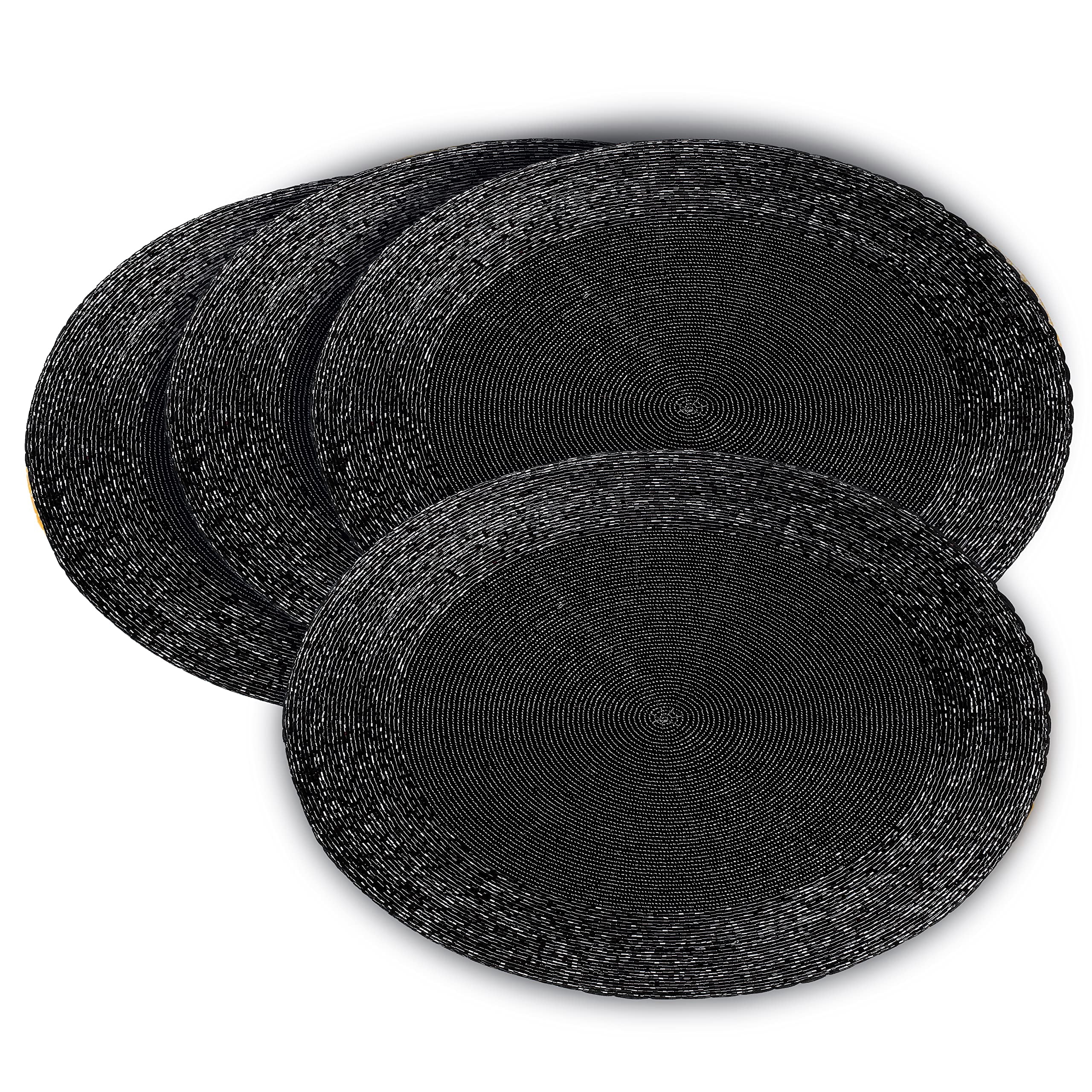 Homebia Designs Round Black Beaded Placemats Set of 4 - Handcrafted Decorative Table Chargers - Elegant Farmhouse Table Mats for Dining, Holiday Dinner, Parties, Wedding & Home Décor - 13 Inch Black