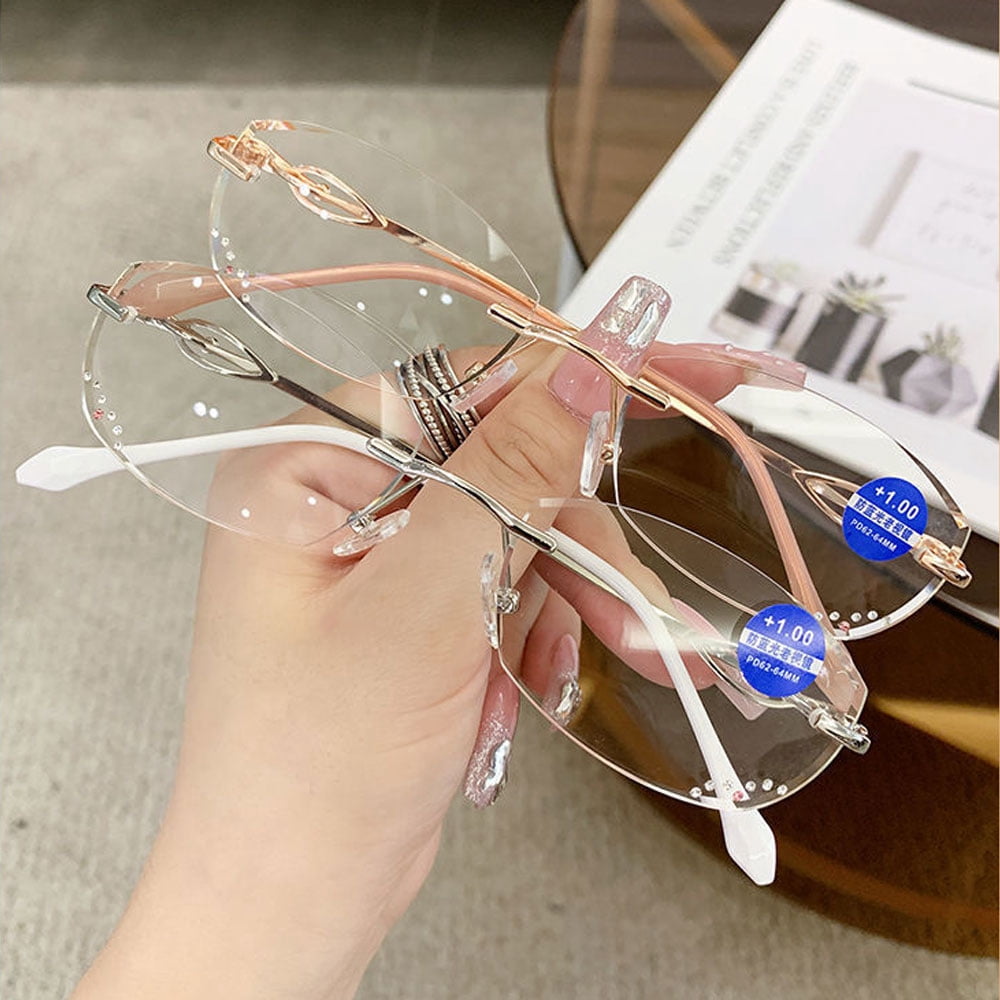 2 Pairs of Women Rimless Blue Light Blocking Reading Glasses 2.00, Ladies Rectangle Metal Presbyopia Glasses Readers +2.00 strength