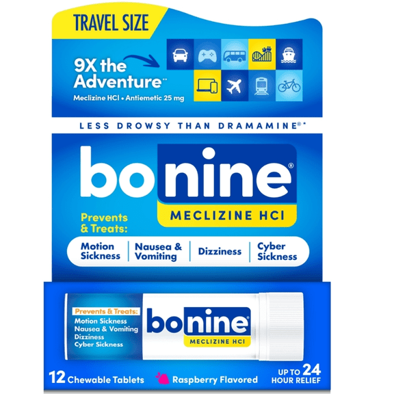 Bonine Motion Sickness and Nausea Relief Travel Pack, Raspberry Chewable Tablets, 12 Count