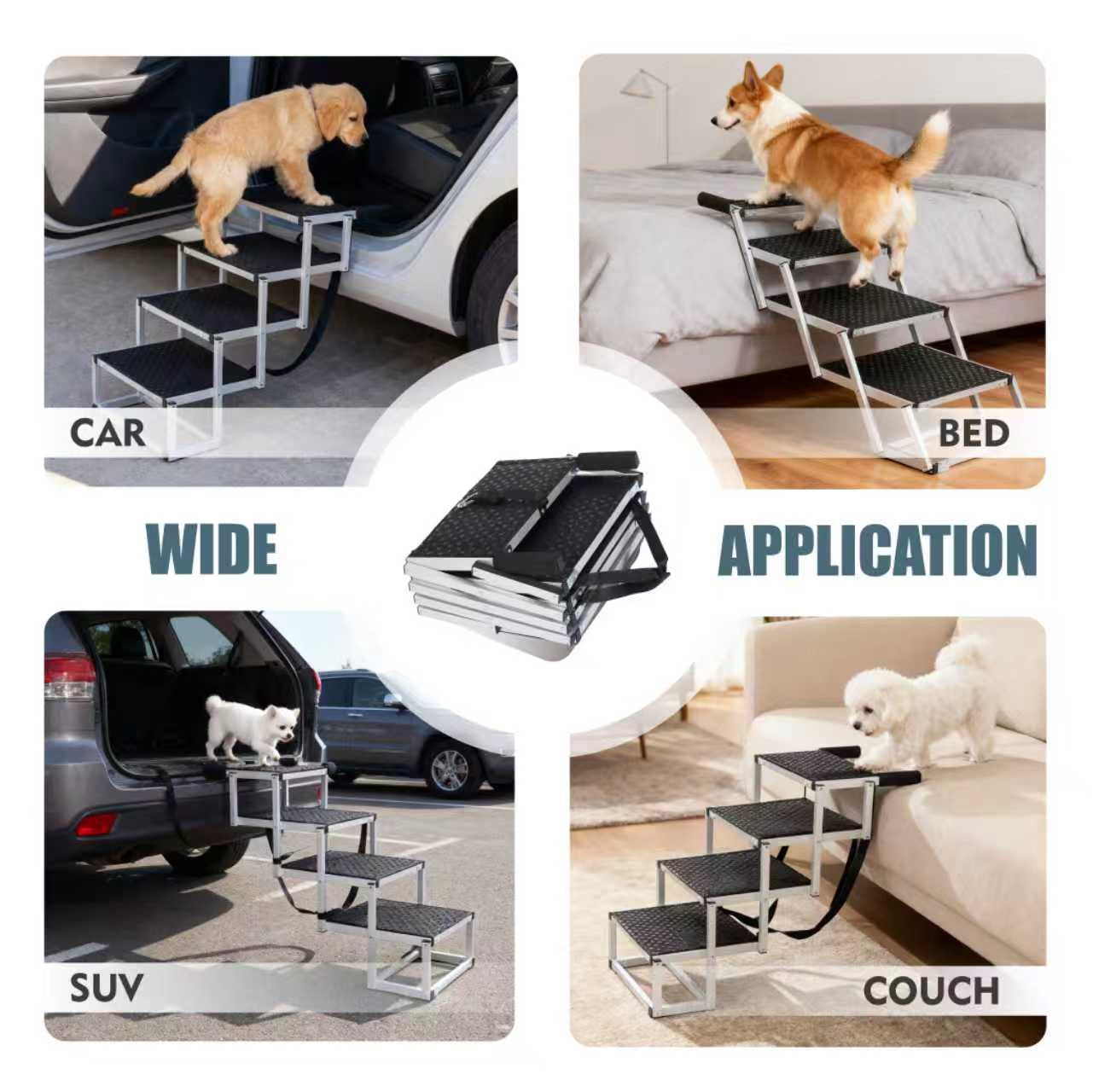 Foldable Dog Ramp for Car SUV Truck, Reinforced Metal Pet Stairs with Non-Slip Paw Texture Surface, Lightweight Portable Dog Ramp Supports 250lbs for Large Senior Dogs