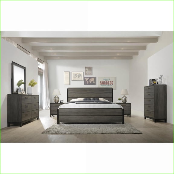 Bedroom Furniture Set, 6-Piece King Size with Dresser, Mirror, 2 Nightstands, Chest | Antique Grey Wood | Standard Beds