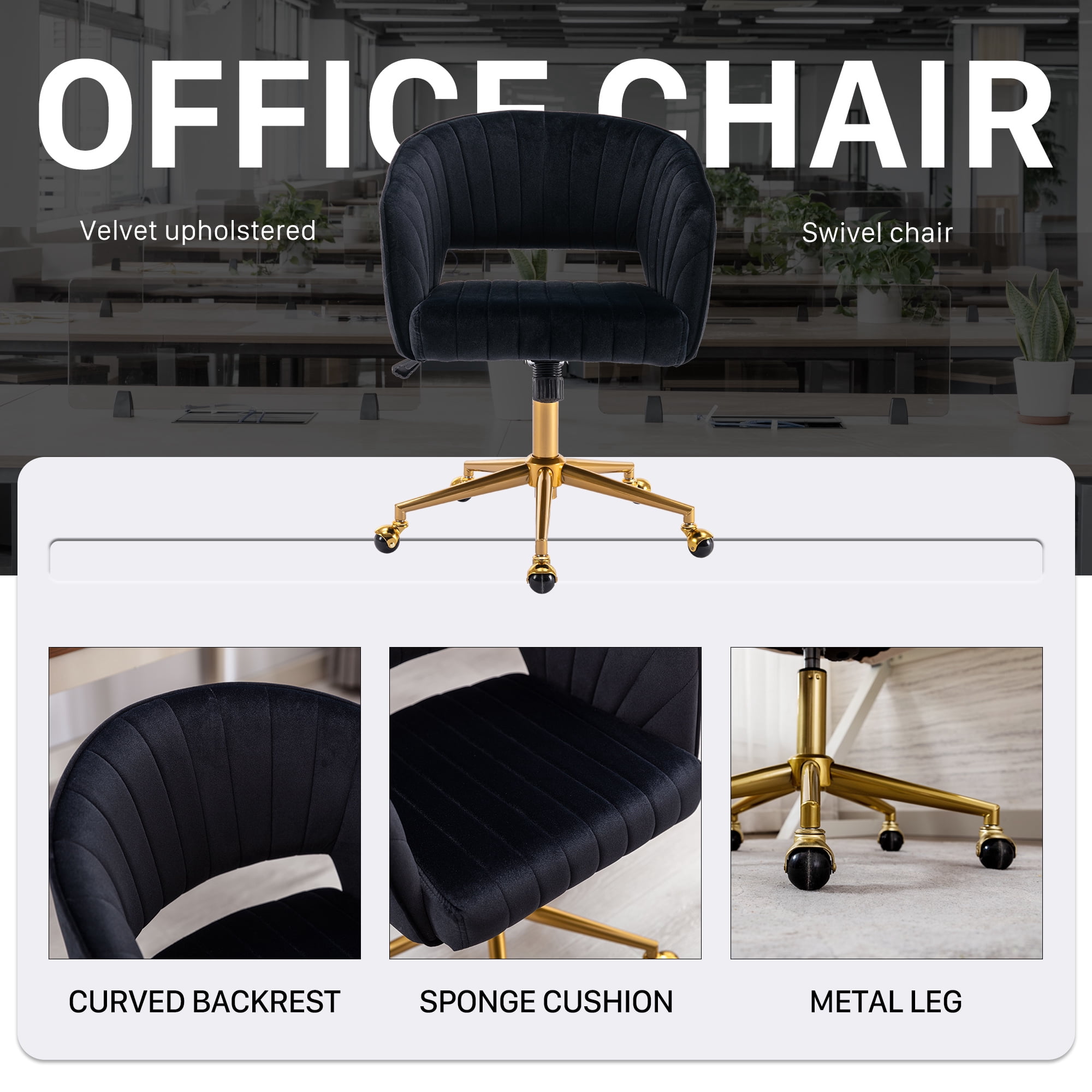 KCC Velvet Office Chair for Women, Swivel Vanity Desk Chair with Gold Base and Wheels, Adjustable Upholstered Chair for Bedroom, Makeup Room and Home Office(Black)