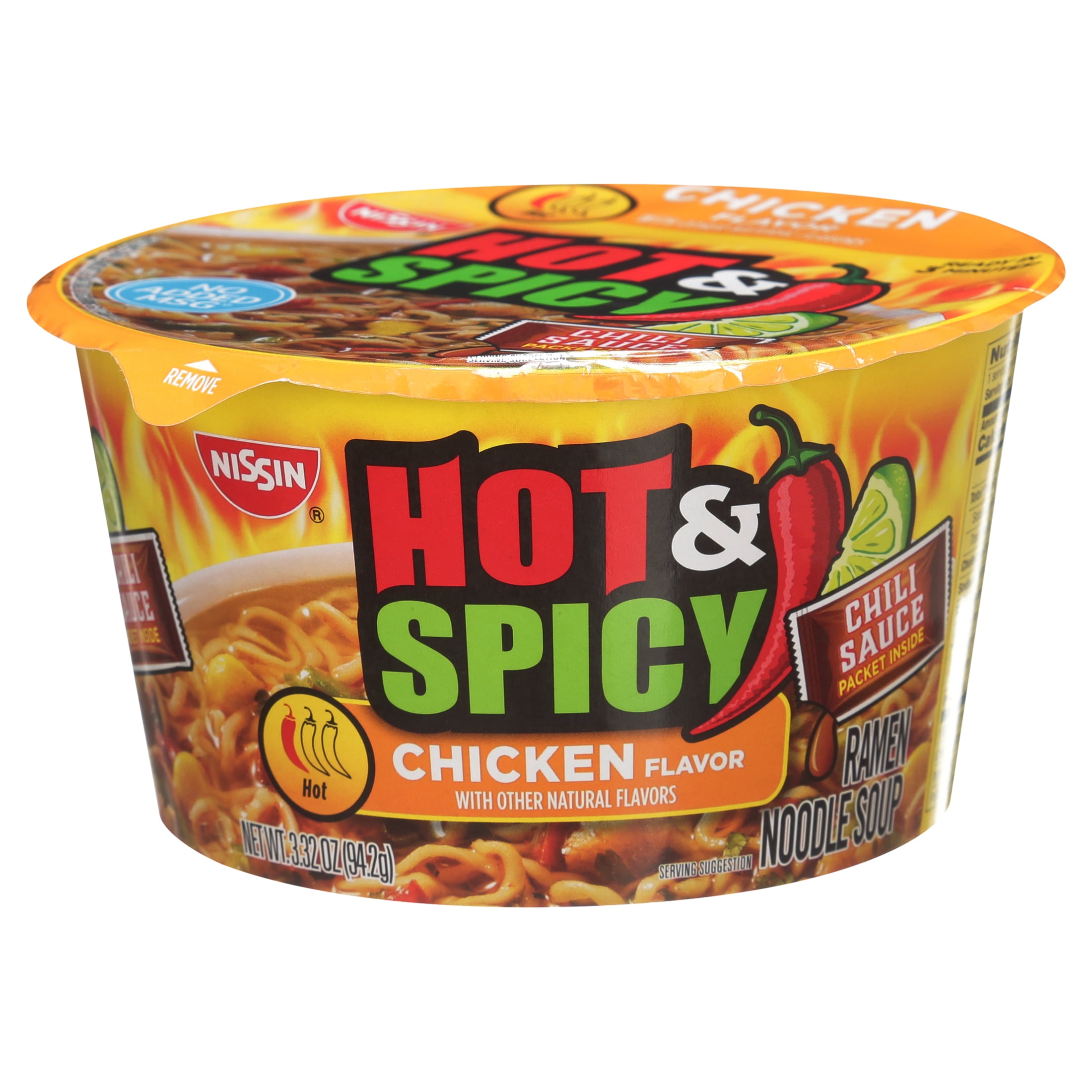 Nissin Bowl Noodles Hot & Spicy Chicken Flavor Ramen Noodle Soup, 3.32 oz (Pack of 8)