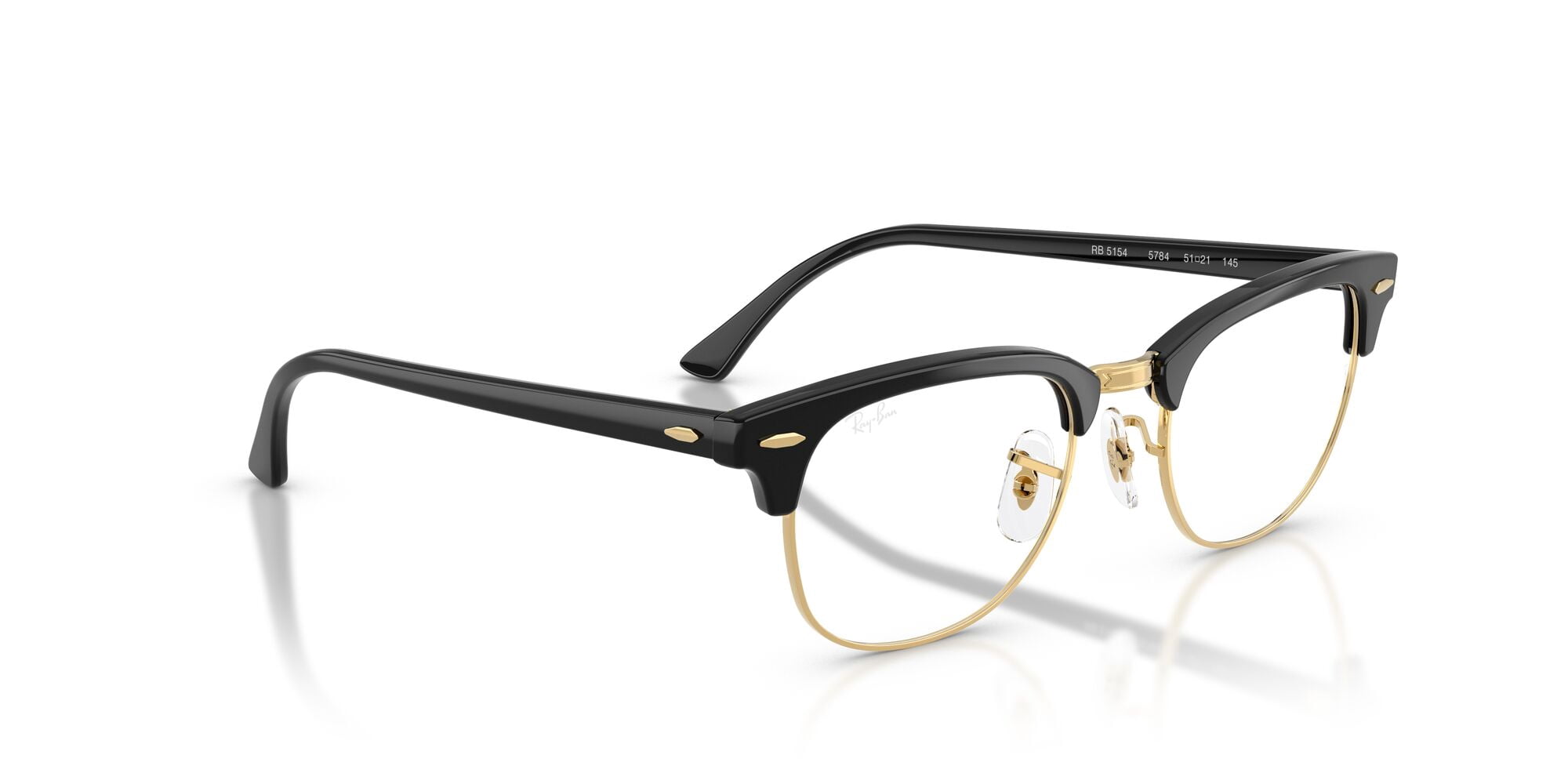Ray-Ban Clubmaster Optics Glasses, Prescription Eyeglasses with Case, Transparent/Black On Gold, Size 53