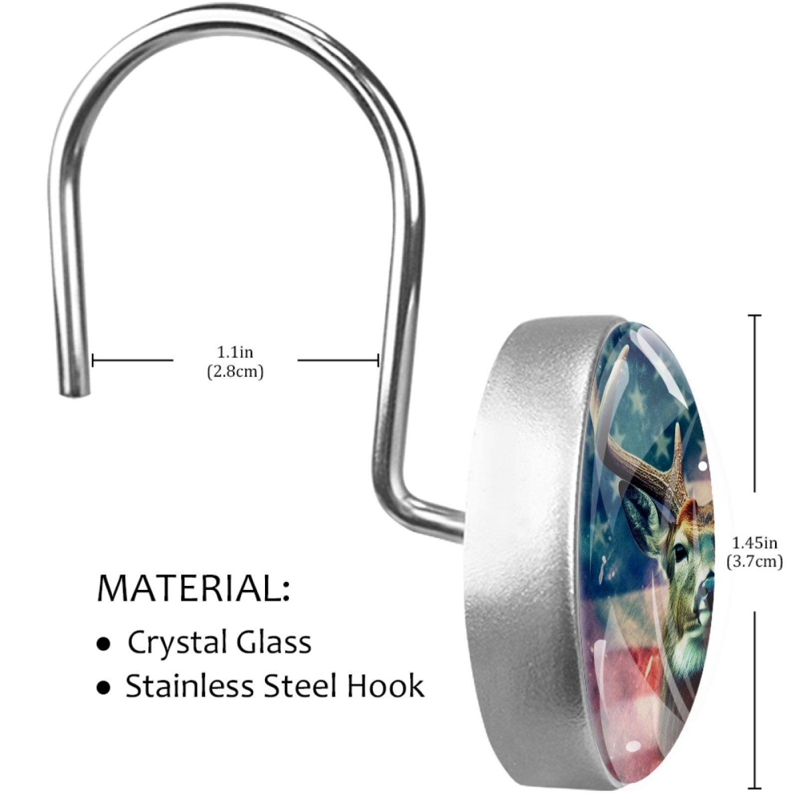 Deer and American Flag Shower Curtain Hooks （Set of 12） for Home Hotel Shower Rods Bathroom Crystal Glass Print Stainless Steel Round Curtain Hooks