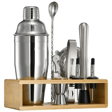 KFFKFF 10-Piece Cocktail Shaker Set Stainless Steel Bar Tools with Bamboo Stand Cocktail Shaker Set Bartender Kit for Home and Bar
