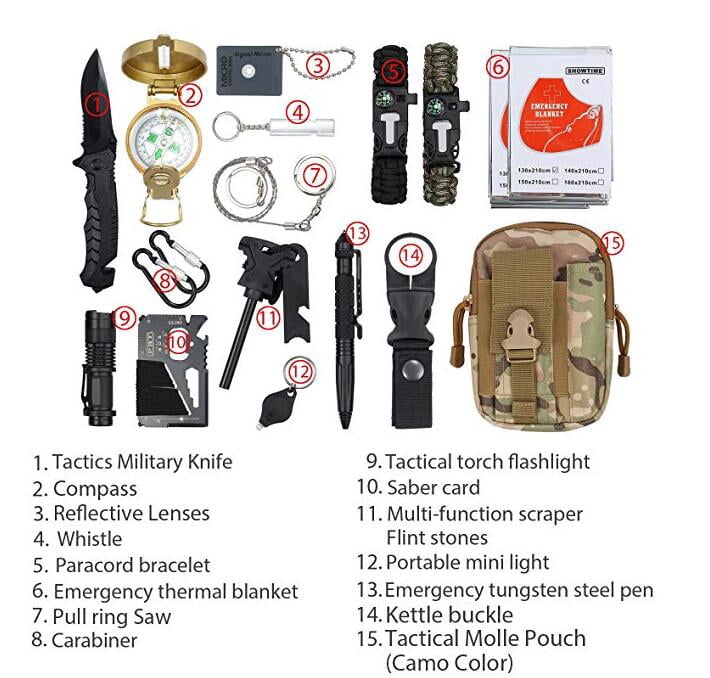 Sirius Survival Utility Emergency Kit 15 in 1 - Survival Kit for Camping, Hiking, Hunting & Fishing - Tan