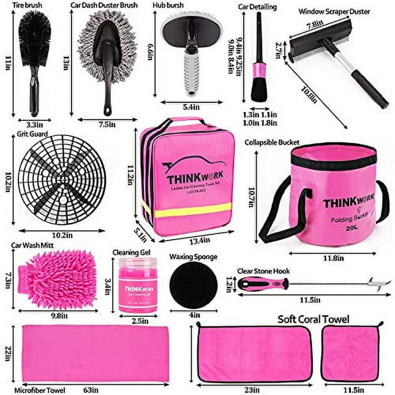 THINKWORK Car Wash Kit with Bucket, Pink Car Cleaning Kit Interior and Exterior, Car Accessories for Women - Cleaning Gel, Microfiber Cloth, Mitt, Duster, Brush