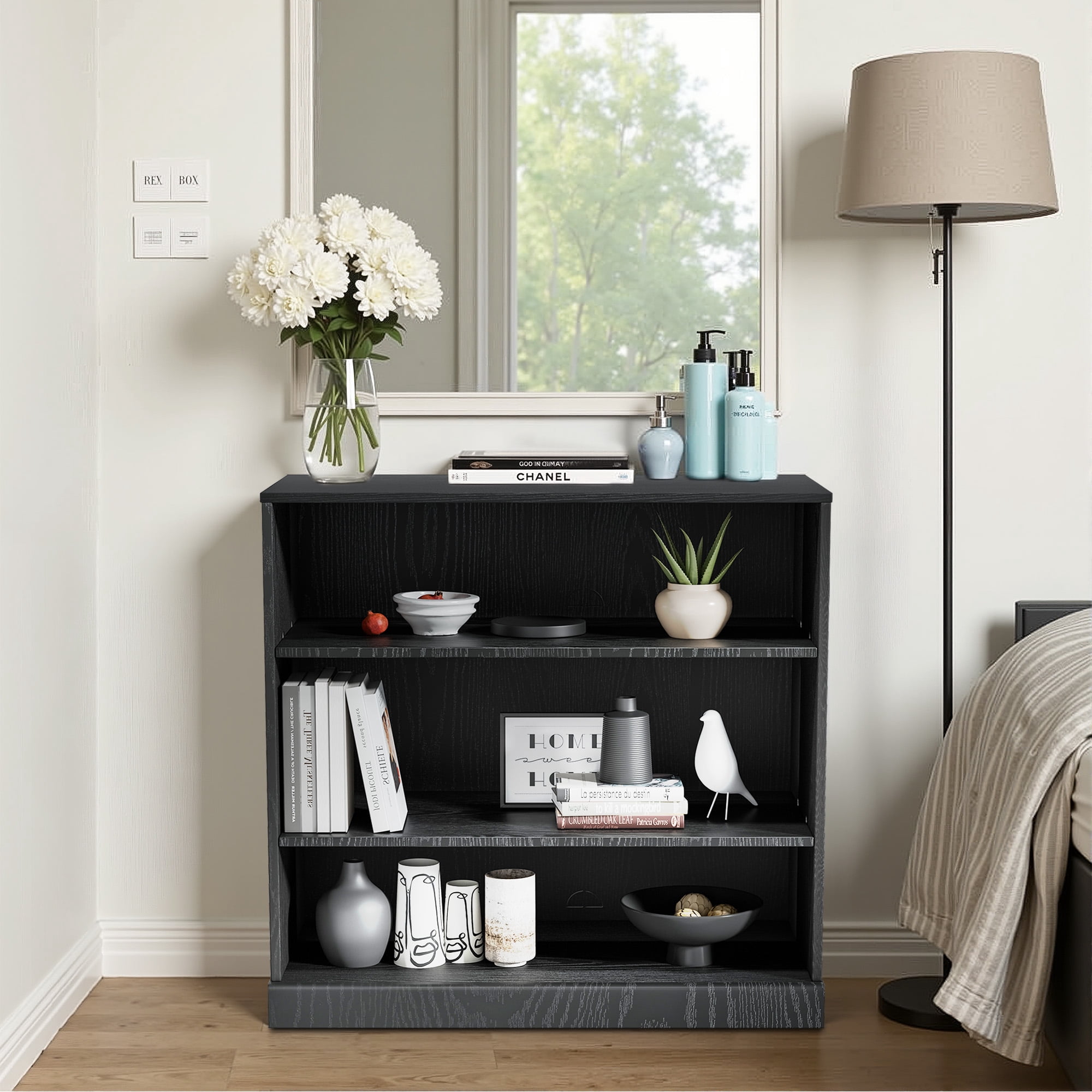 MAYEERTY 3-Shelf 16*31*31"Black Wood Grain Bookcase with Adjustable Shelves, Durable Storage for Home or Office