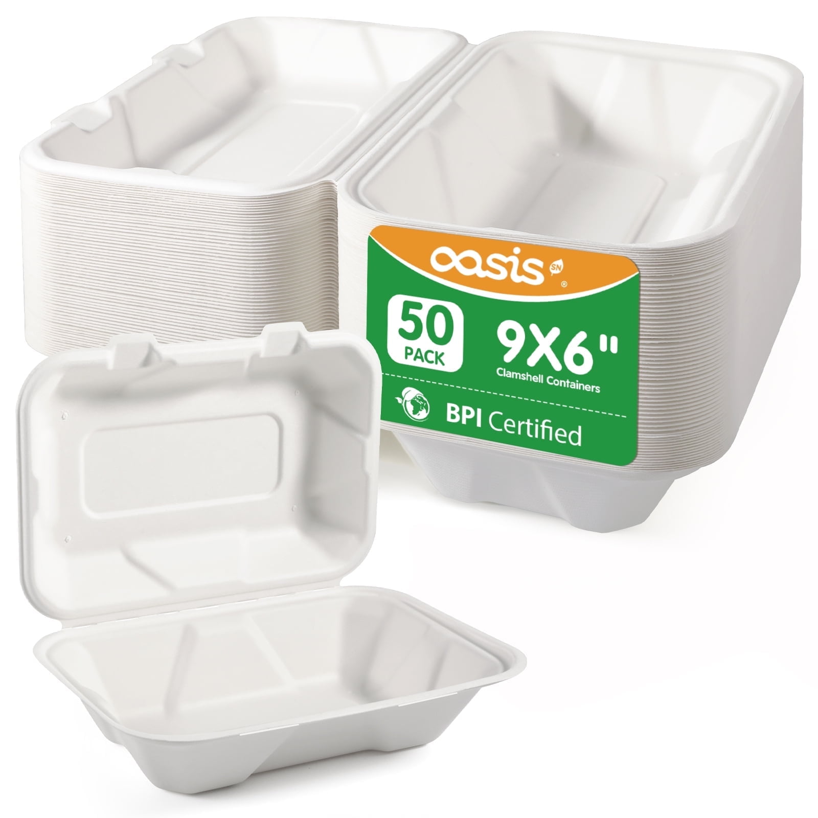 OasisSN 50 Pack Clamshell To Go Containers Disposable, 100% Compostable Take Out Food Containers, 9X6 inch Heavy-Duty To Go Boxes, Eco-Friendly Biodegradable To Go Containers For Food