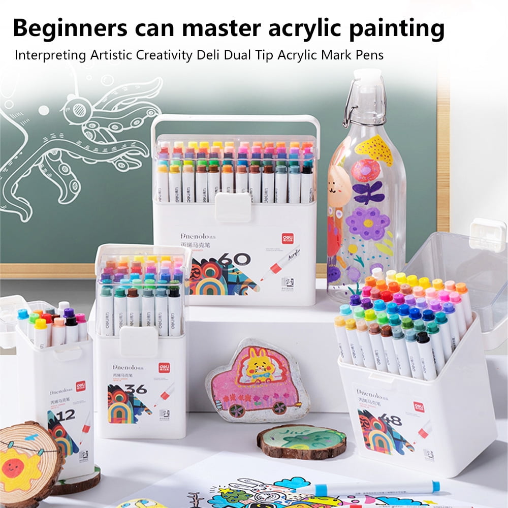 Deli Quick Drying Acrylic Paint Markers Paint Pens Set for Wood, Rock, Canvas, Pens,T-shirt,24 Colors