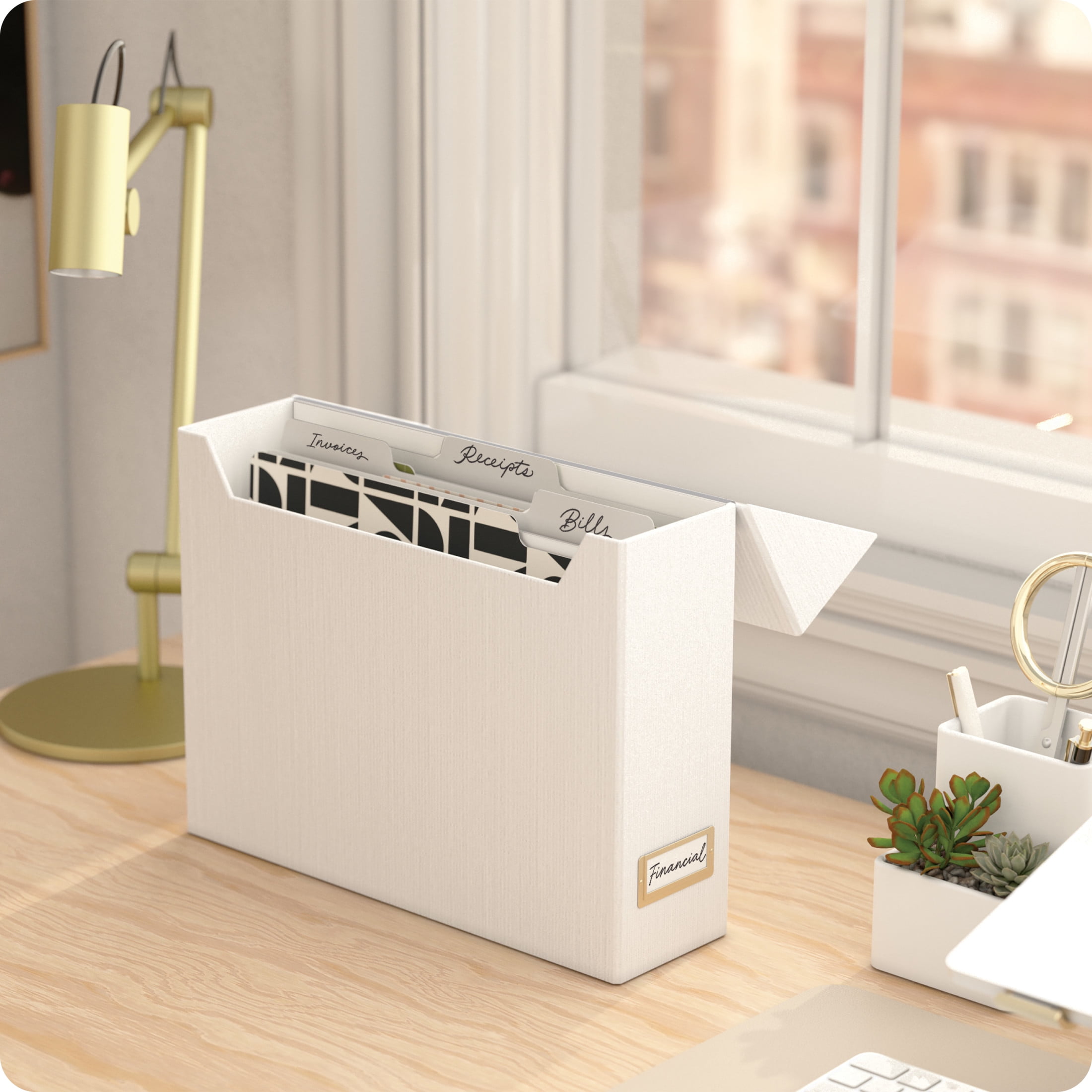(2 pack) U Brands Flip Top File and Storage File Organizer Box, 9.4 x 3.7 x 13 in., Beige, Freestanding