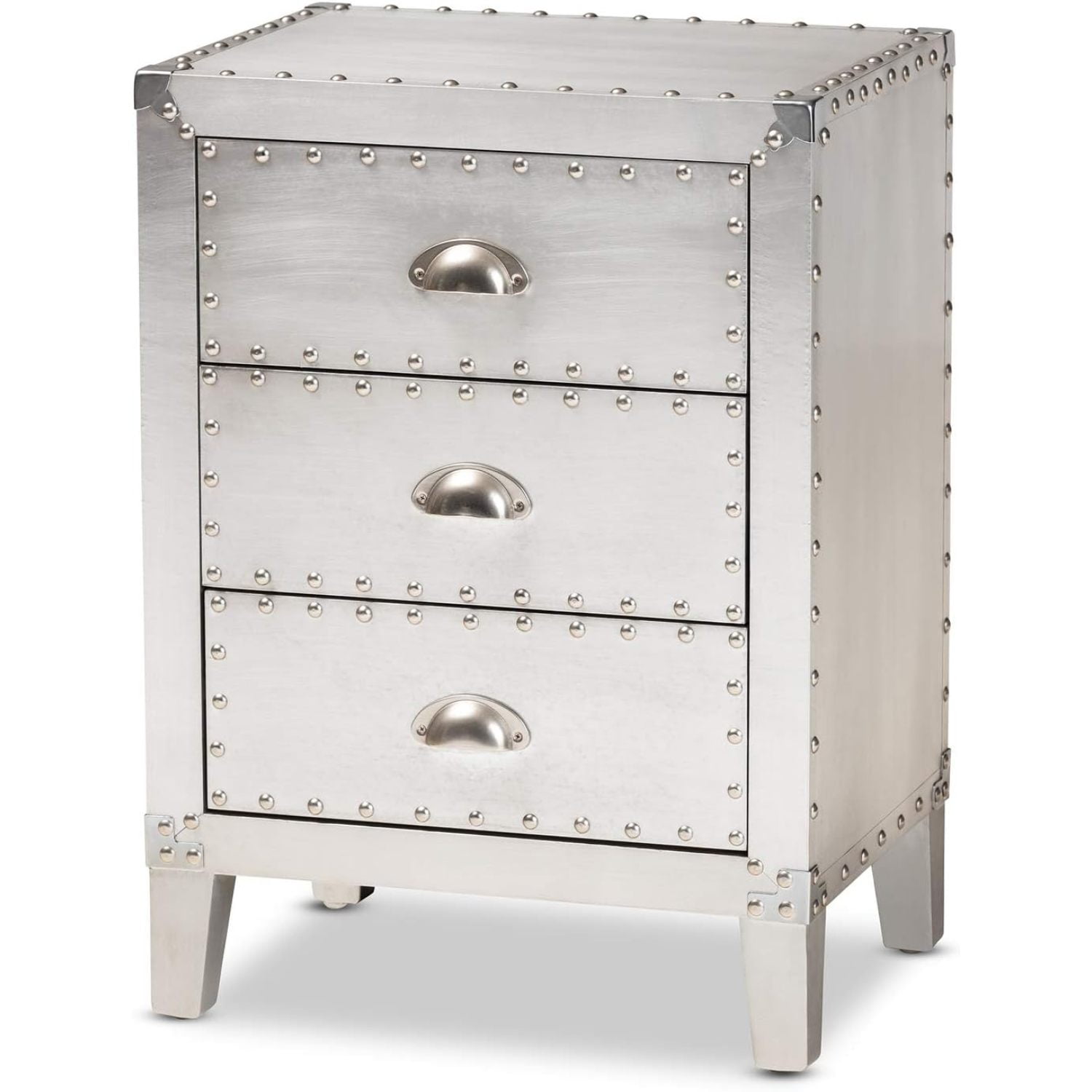 Claude Riveted Silver Metal 3-Drawer Nightstand