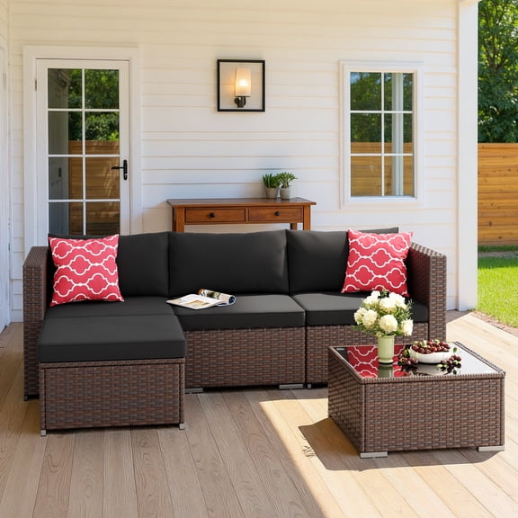 Noelse 5 Piece Patio Furniture Set, Outdoor Sectional Conversation Set with PE Rattan Wicker, L-Shaped Sofa, Cushions & Glass Coffee Table, Patio Set for Backyard, Poolside, Black