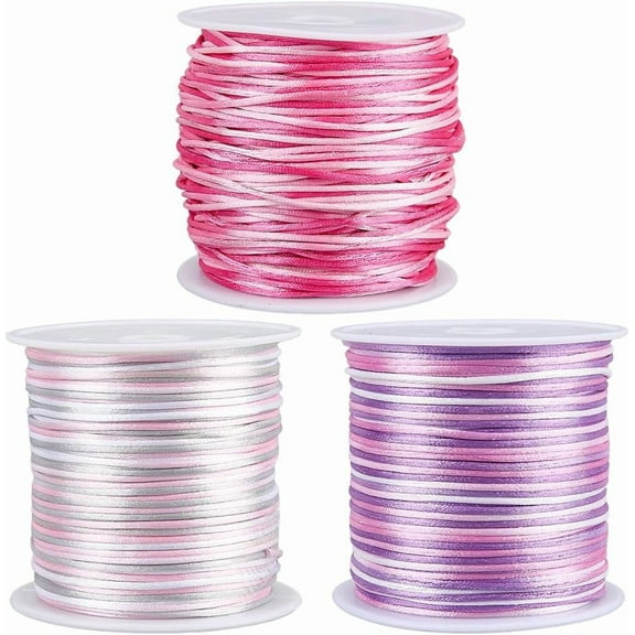 3 Rolls 3 Colors 150 Yards/137M 1mm Nylon Thread Jewelry Stringing Pink Purple Satin Rattail Macrame Trim Knitting Rope Cord with Spool for Friendship Bracelet Necklace Making DIY Crafts