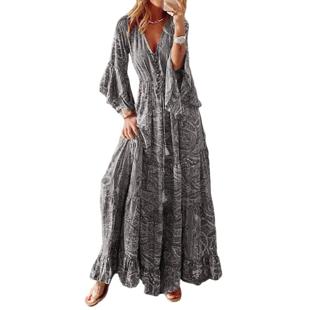 Vestido De Mujer Bohemio vestido largo botón dama Maxi vestido estampado manga acampanada traje de playa Ygjytge Gris L para Mujer