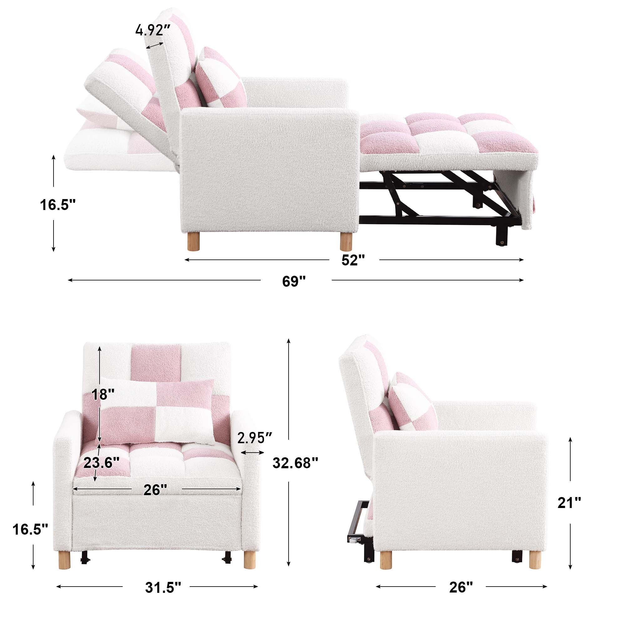 Aukfa Convertible Sleeper Chair Bed, Patchwork Pull Out Sofa Chair with Adjustable Backrest, Teddy - White/Pink