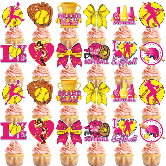 Cupcake Toppers con temática de softball de Hokinaa para cumpleaños, 24 unidades