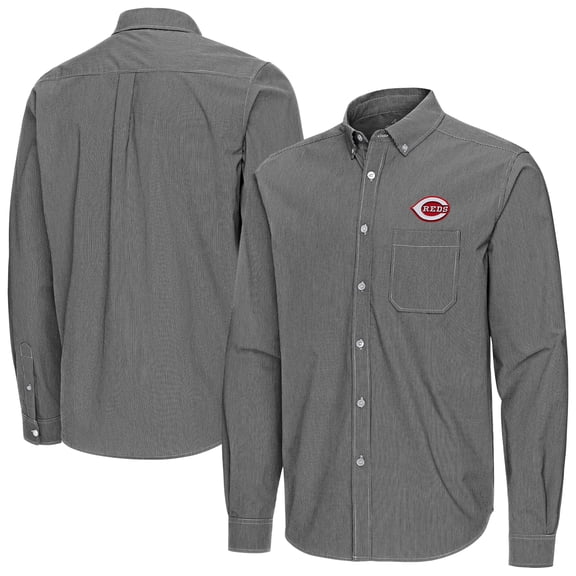 Men's Antigua Black Cincinnati Reds Porter Woven Long Sleeve Button-Down Shirt