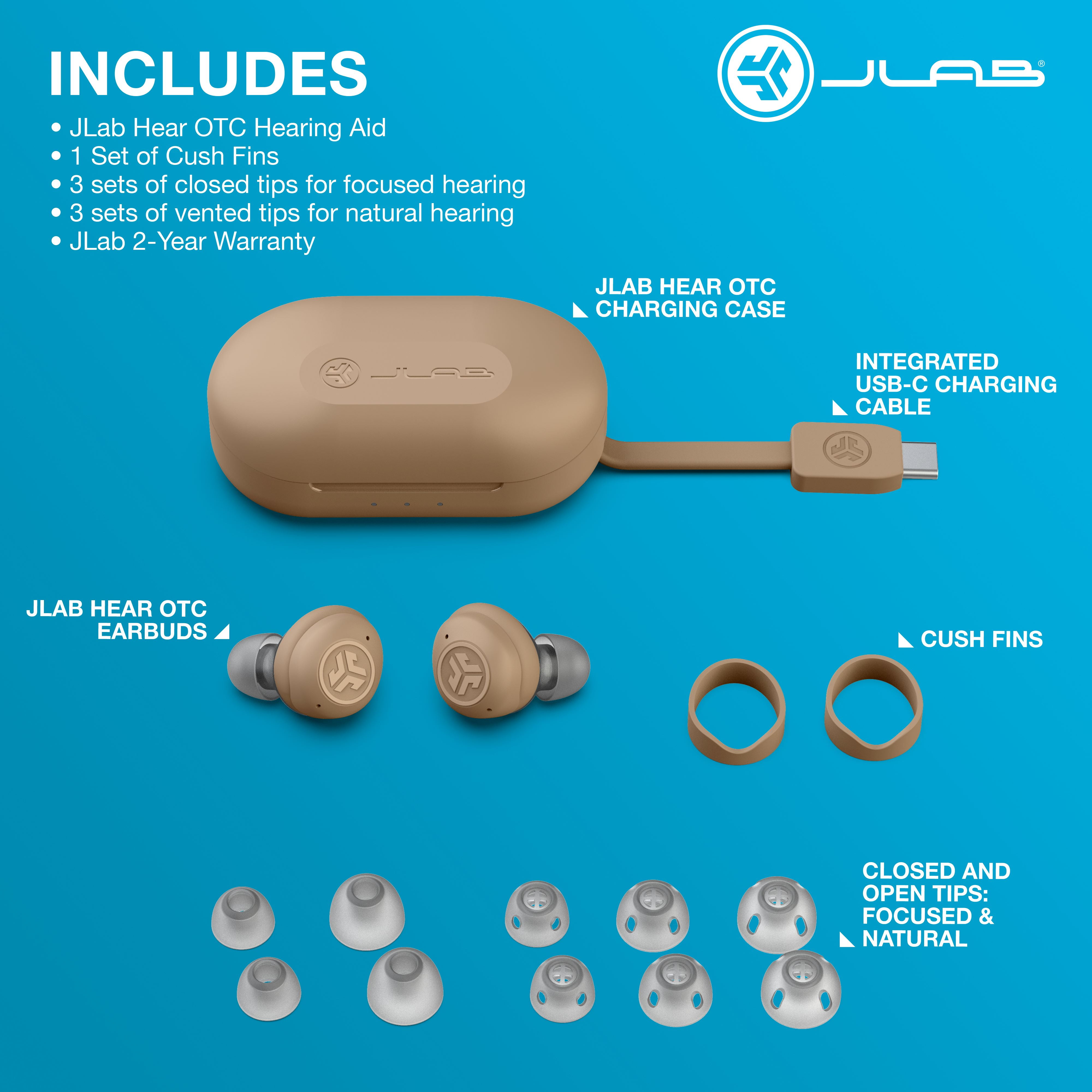 JLab Hear OTC Hearing Aid & Wireless Earbuds with Bluetooth 5.3, Four Preset Hearing Modes
