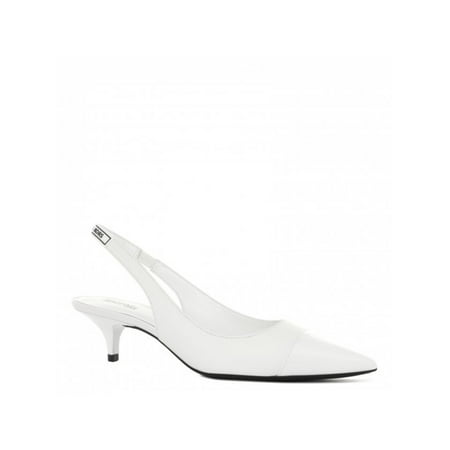 

MICHAEL KORS Womens White Patent Cap Toe Logo Padded Demi Pointed Toe Kitten Heel Slip On Leather Dress Slingback 7 M