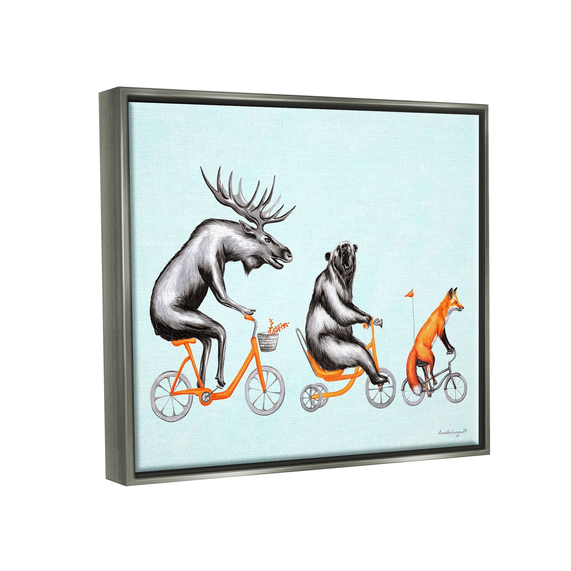 Stupell Industries Wildlife Animals Riding Bikes Moose Bear Fox Graphic Art Luster Gray Floating Framed Canvas Print Wall Art, Design by Amelie Legault