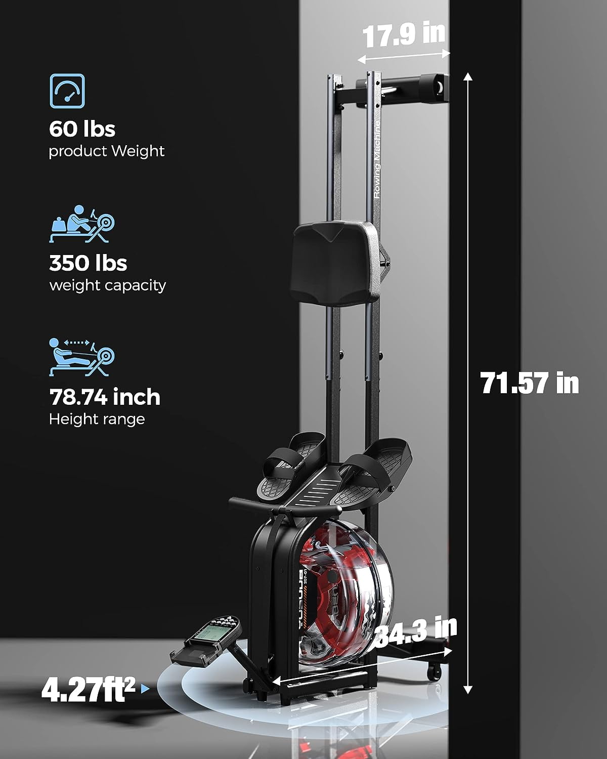 YOSUDA Home Water Rower Machine, 350 lbs Max Weight, with LCD Display