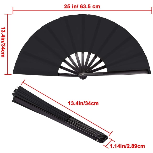 Abanico de mano grande plegable de seda Abanico plegable de mano Abanico plegable de Tai Chi chino para hombres y mujeres Rendimiento, baile, decoraciones, festival, regalo (negro, 2 paquetes) Adepaton WRJM-320