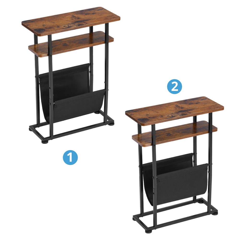 Narrow Small Side Table for Small Spaces - Slim End Table with Magazine Rack - 2 in 1 Narrow End Table Living Room - Skinny Bedside Table Nightstand Bedroom Thin Side Table, Rustic Brown