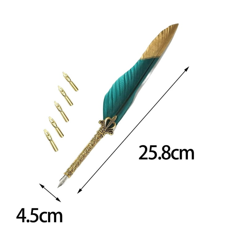 Feather Quill Pen Strong and Sturdy with Replaceable Nibs Engraved Nib Convenient Feather Ink for Birthday Decoration Green, Size: 28.5cmx4.5cm