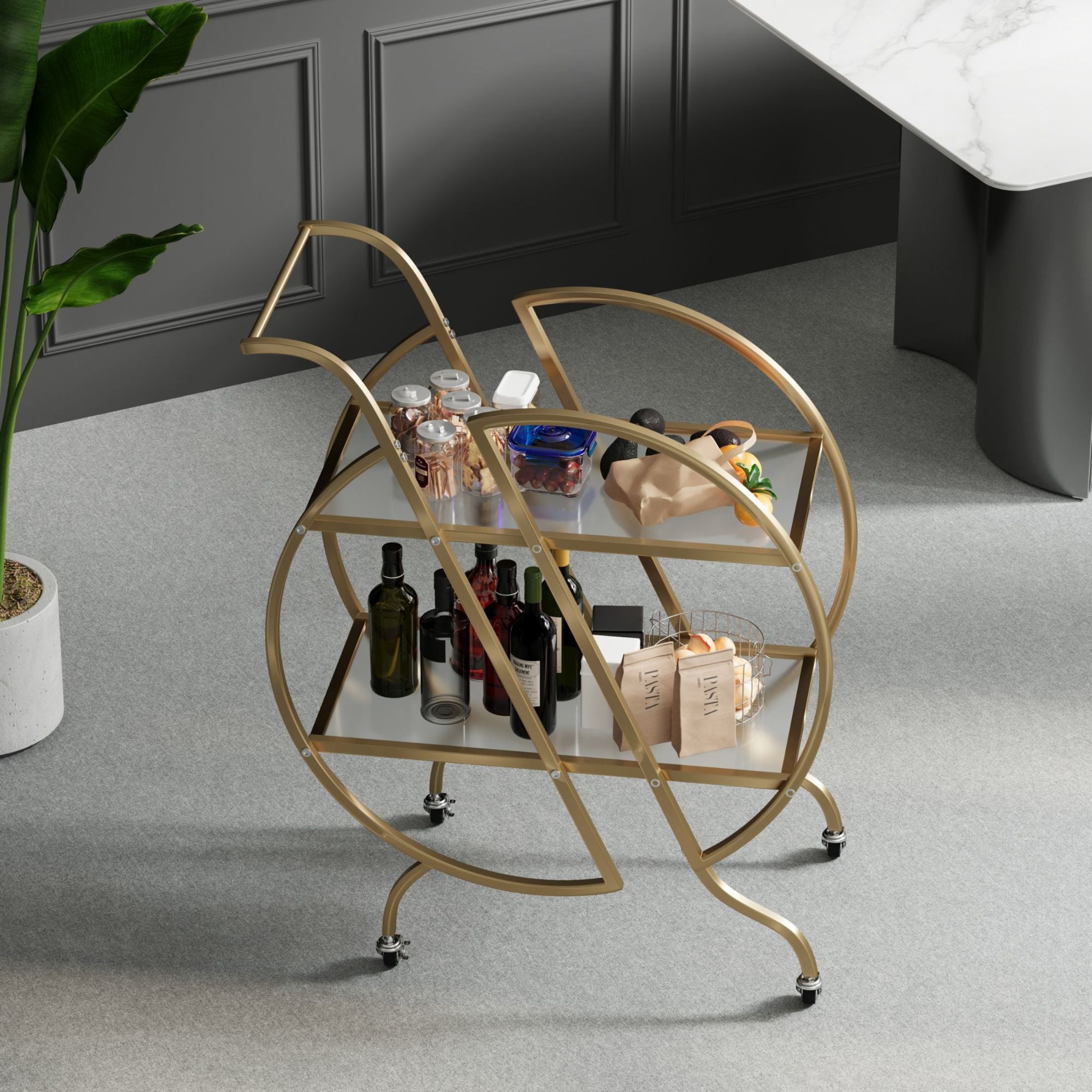 Noble House 2-Tier Bar Cart with Mirrored Glass Shelves, Rolling Serving Cart with Lockable Casters, Gold