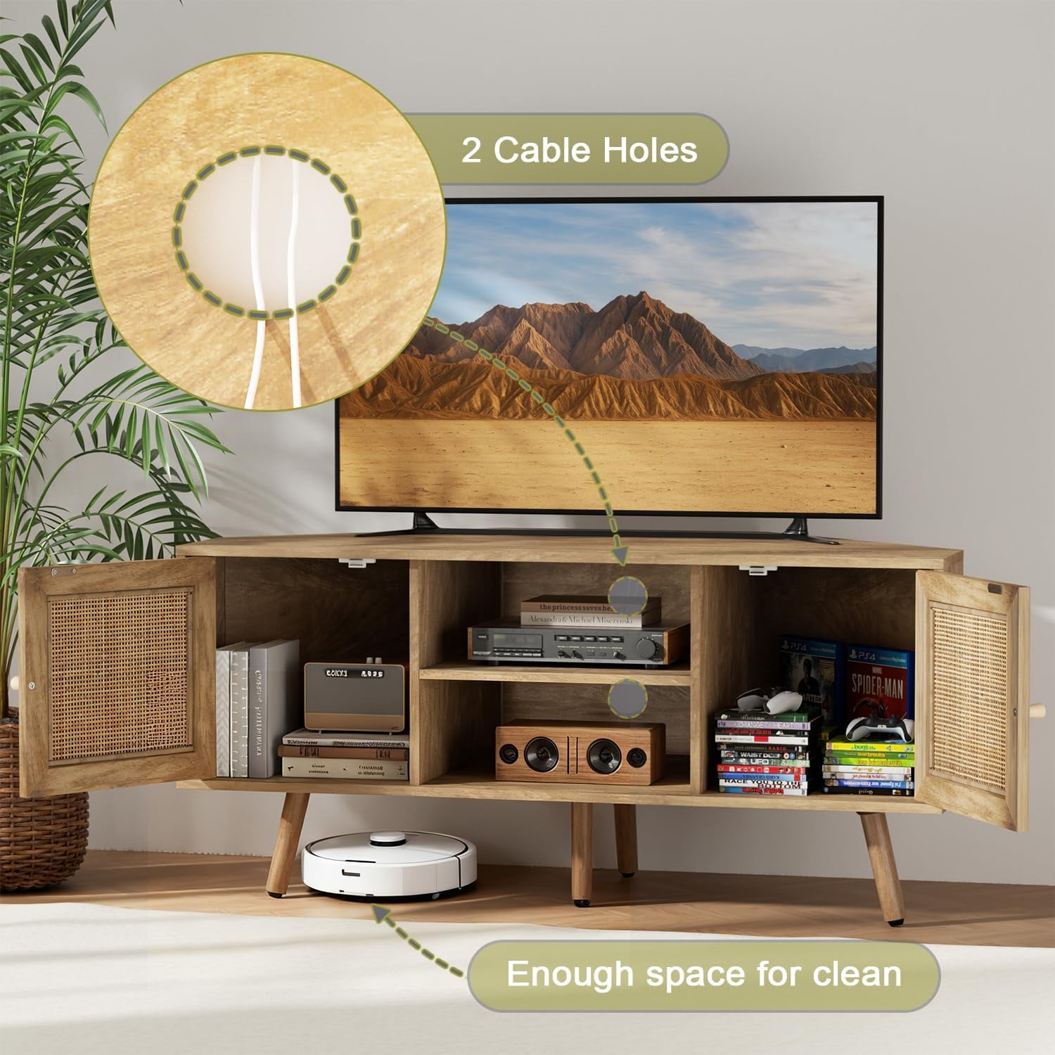 LAZZO Corner TV Stand for 55 Inch TV, Boho Entertainment Center with Rattan Doors, Storage Media Console with Solid Wood Feet & 2 Cord Holes, Natural, for Living Room