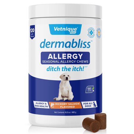 UPC: 0717932350195 | Vetnique Labs Dermabliss Seasonal Allergy & Immune Support Supplement Dog Itch Relief with Omega 3-6-9  Fish Oil and Colostrum Powder – Hickory Salmon Flavored Dog Treats (120 Count)