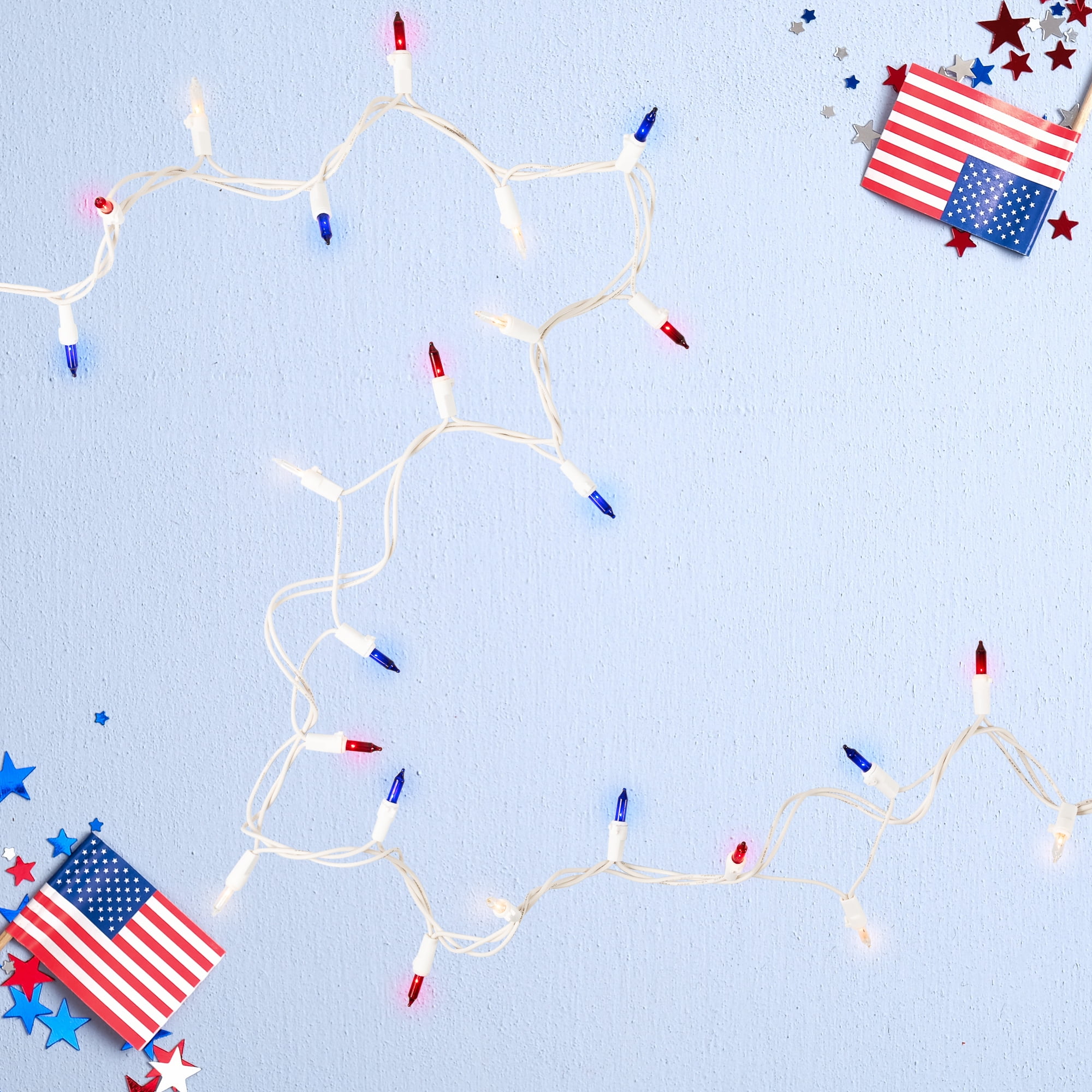 Mini Patriotic Christmas Light Set - Red Clear and Blue - 20' White Wire - 200ct
