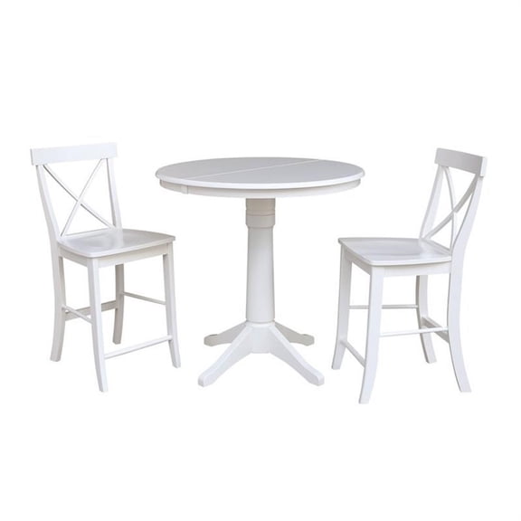 36" Round Counter Height Table with 12" Leaf and 2 X-back Stools – White - 3 Piece Set