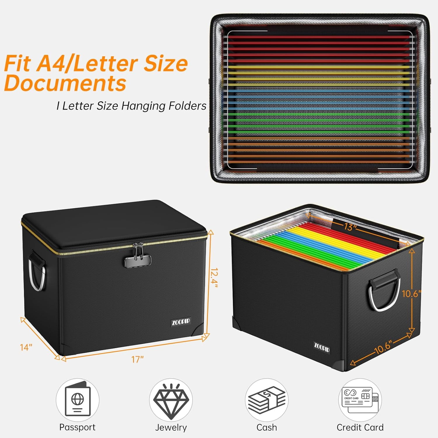 Fireproof Document Box Hard  File Organizer with Lock Portable Office Safe Storage for Valuables Black