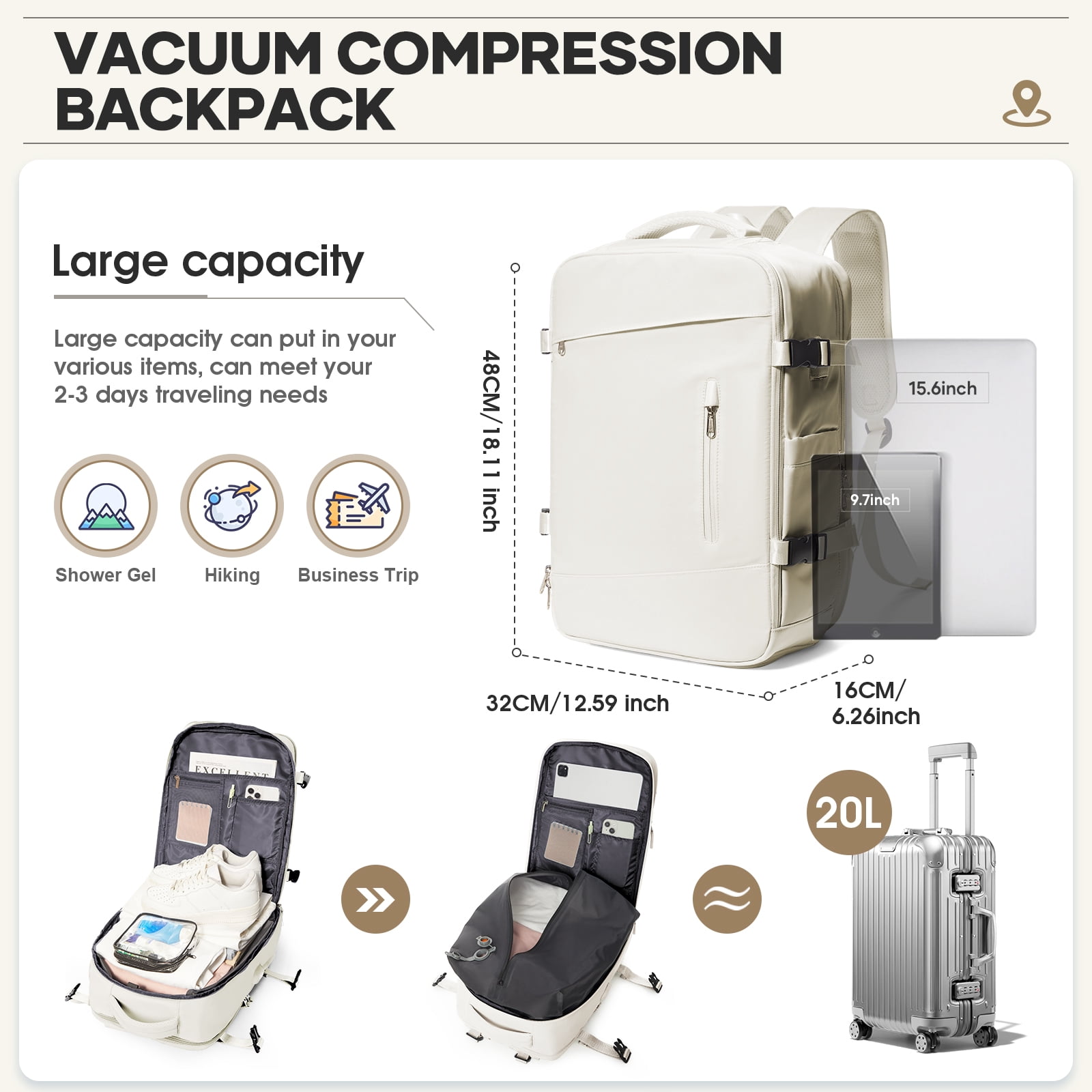 Vacpack Backpack with Vacuum Seal Travel Backpack Men, Vacuum Compression Backpack with Portable Air Pump, Vacuum Seal Carry on Backpack for Airplanes Women Laptop Airback Vac Pack Daypack Beige