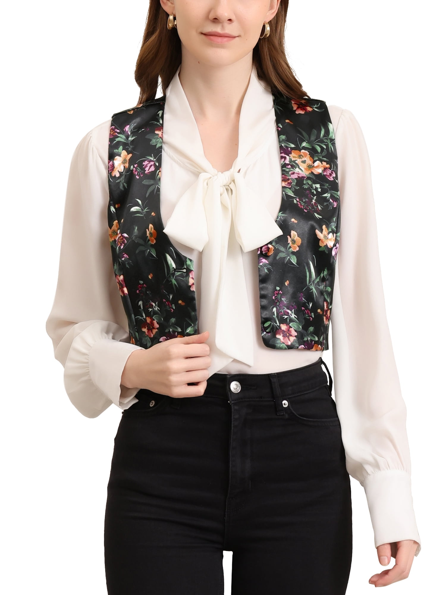 Allegra K Women's Floral Pattern V Neck Sleeveless Button Satin Waistcoat  Vest