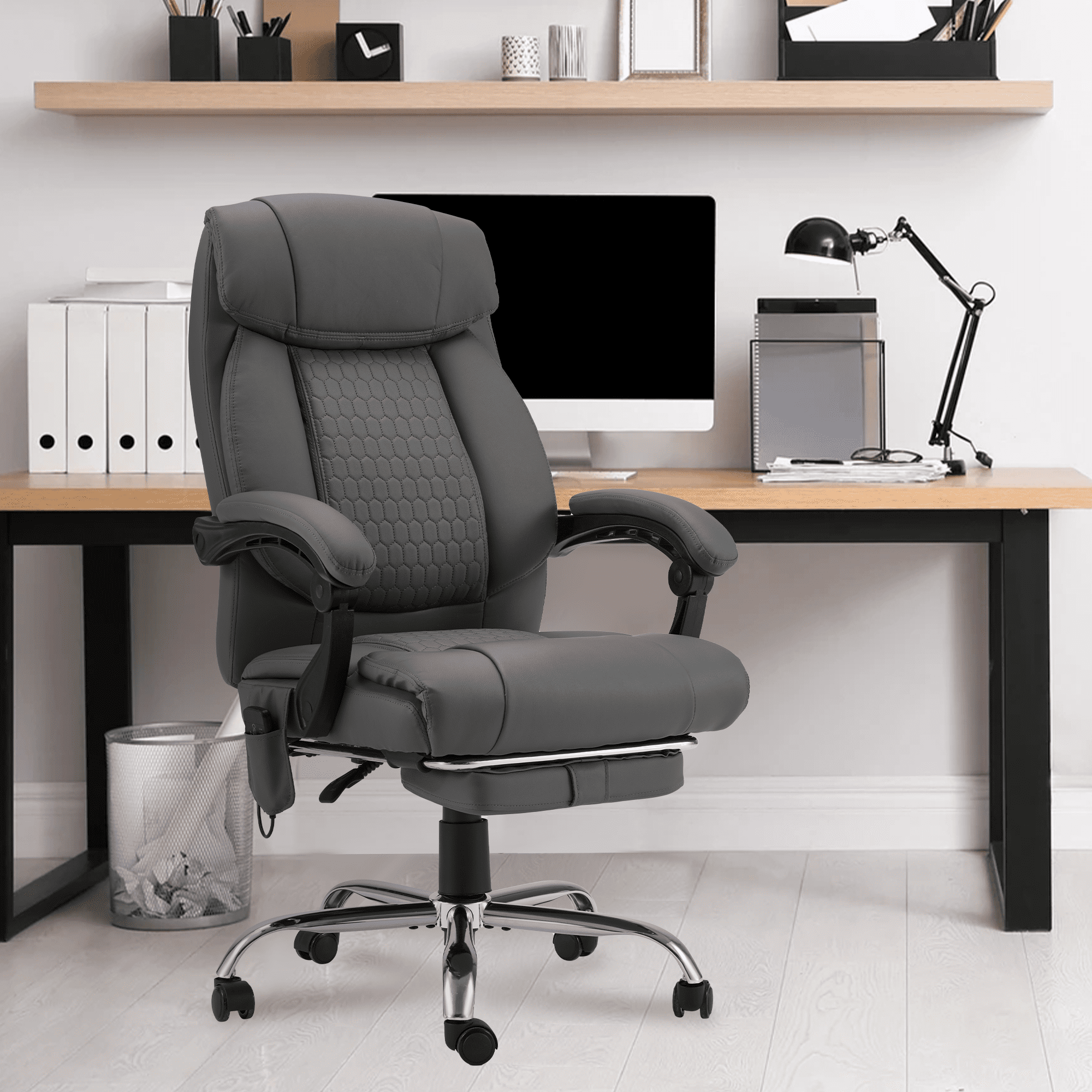 HOMREST  Ergonomic Administrative Office Chair, Heated Massage Lounge Chair with Adjustable Backrest, Foot Pedal, for Home & Office Use, Grey