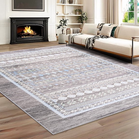 Jamfeel Boho Area Rugs for Living Room Low Pile Vintage Printed Carpet Washable Rug for Kitchen Bedroom Dining Room 6'x9' Gray and Blue