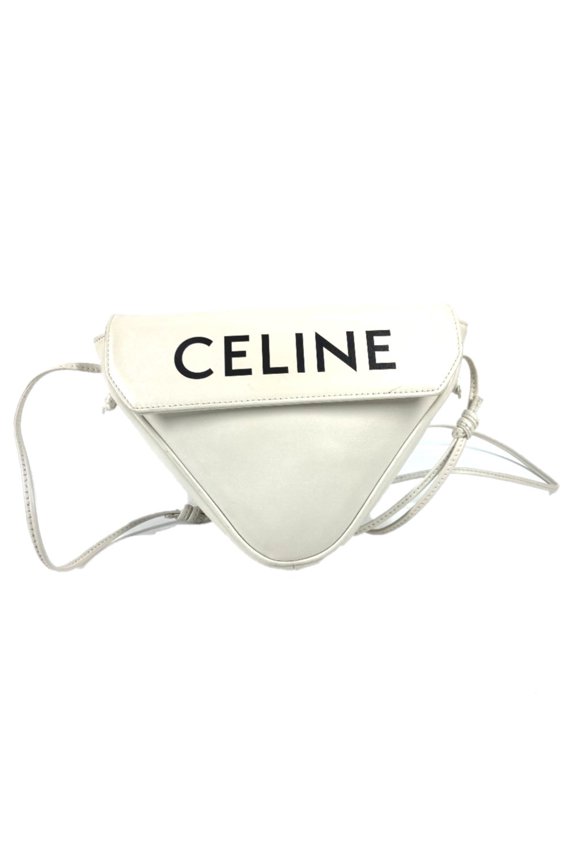 Pre-Owned CELINE Triangle Logo Crossbody Pouch Shoulder Bag Leather Women's White