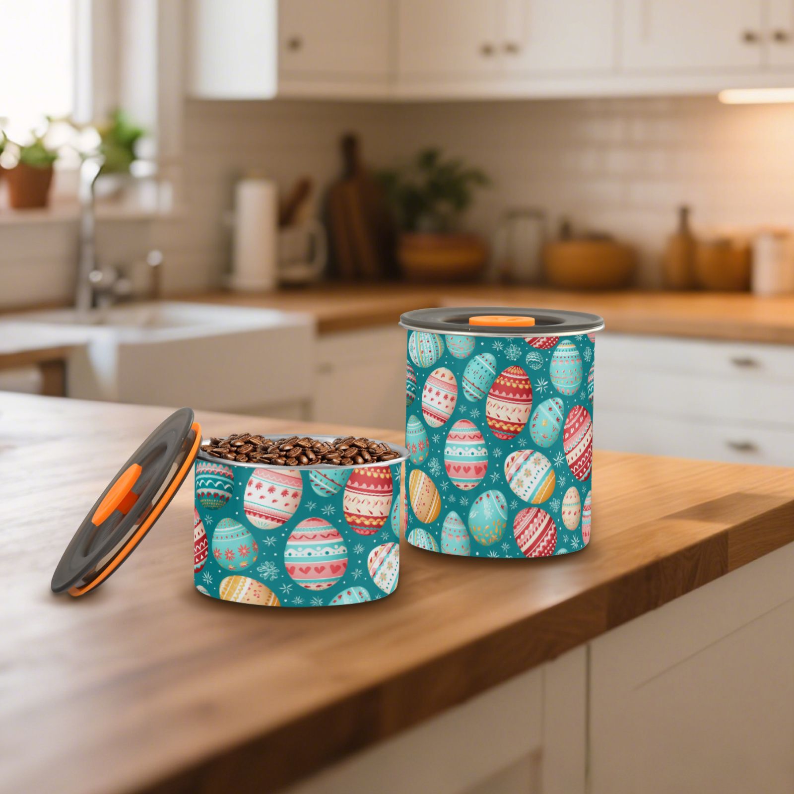 Easter Eggs Ethnic Airtight Coffee Bean Canister 30oz Food Storage Containers with Lids For Gournd, Tea, Sugar, Flour, Rice, Cereal, Candy Cookie Jar