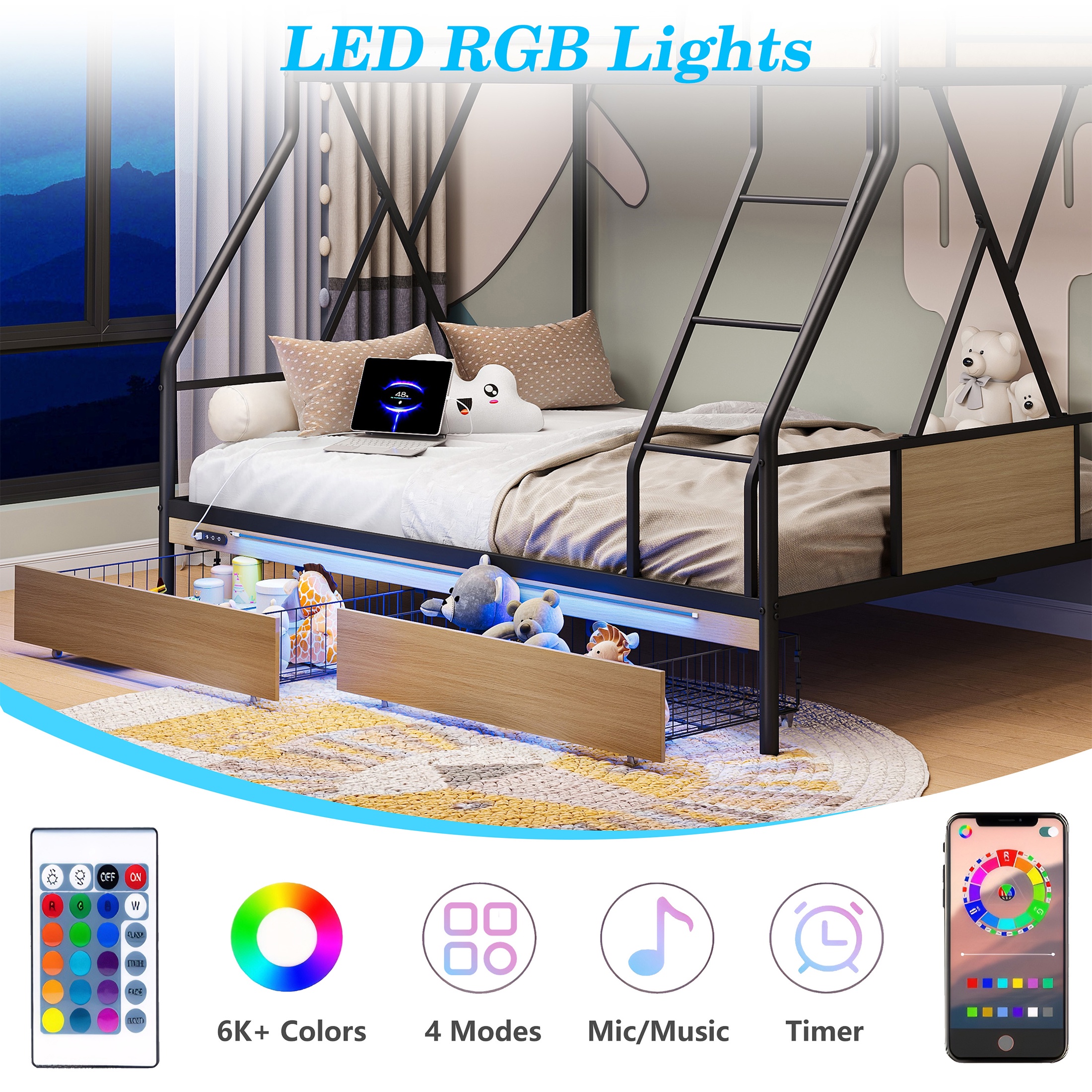 PORKISS Twin over Full Bunk Bed with Drawers for Kids Teens Bedroom, Metal Bunk Bed with USB Charging Station, LED Light, Full-Length Guardrail, Black