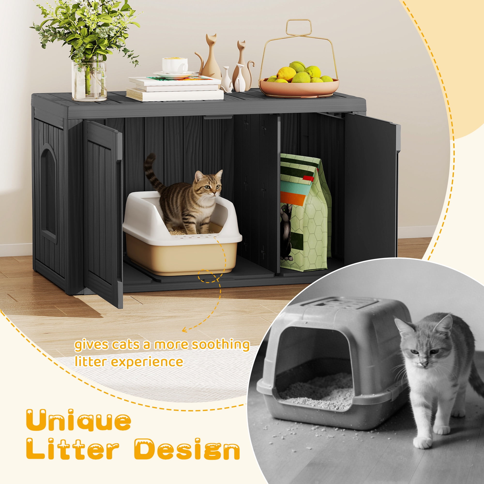 Bifanuo Outdoor Cat House, Waterproof Resin Cat House, Multi-Functional Cat Shelter, Assemble Easily for Home & Yard, Black