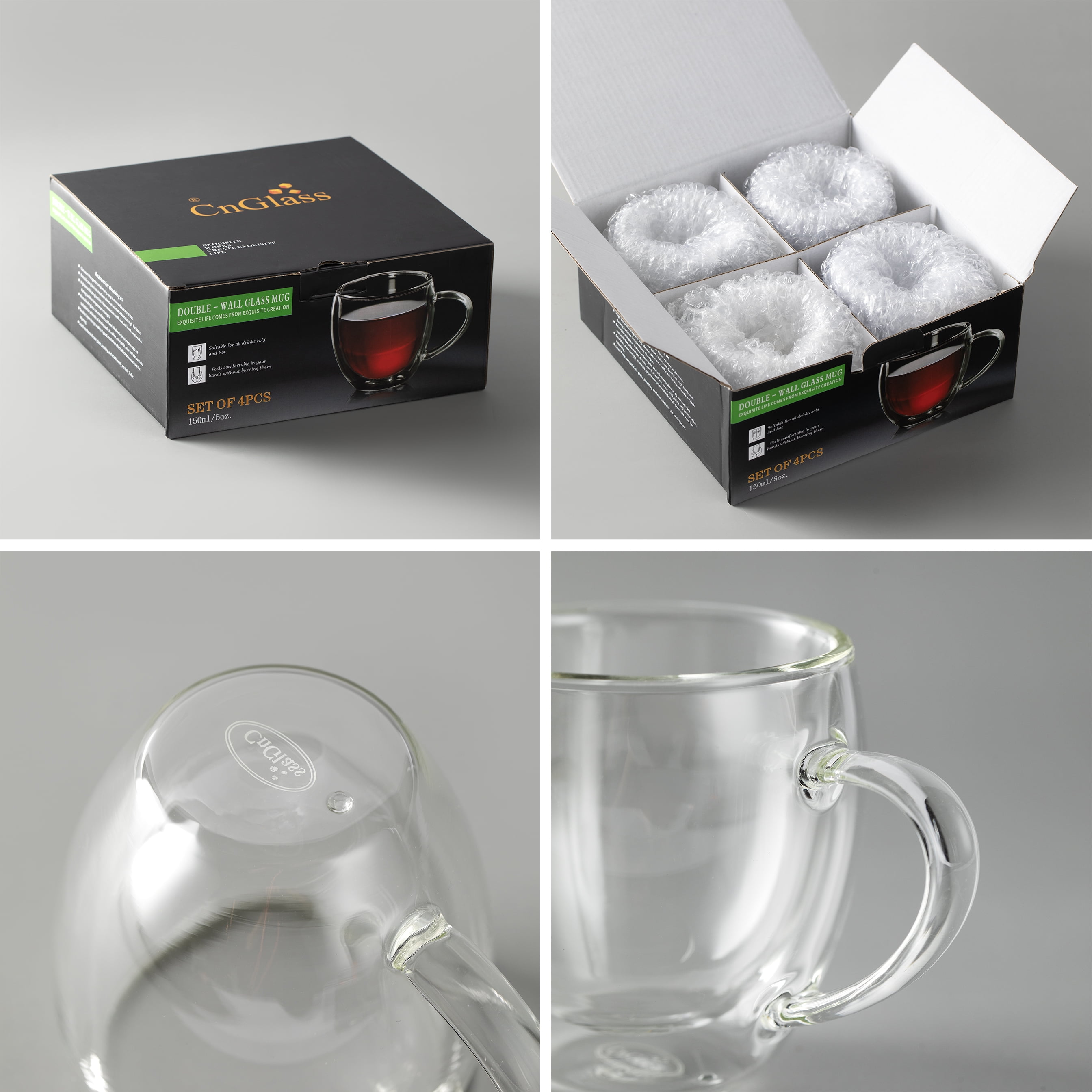 CnGlass 5 oz Borosilicate Glass Double Wall Insulated Coffee Mugs Set of 4  - Walmart.com