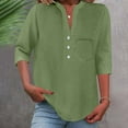 thumbnail image 2 of Women's Casual Shirts with Pocket V Neck Button 3/4 Sleeve Basic Tee Casual Loose Fit Solid Color Tops (S, Army Green), 2 of 7